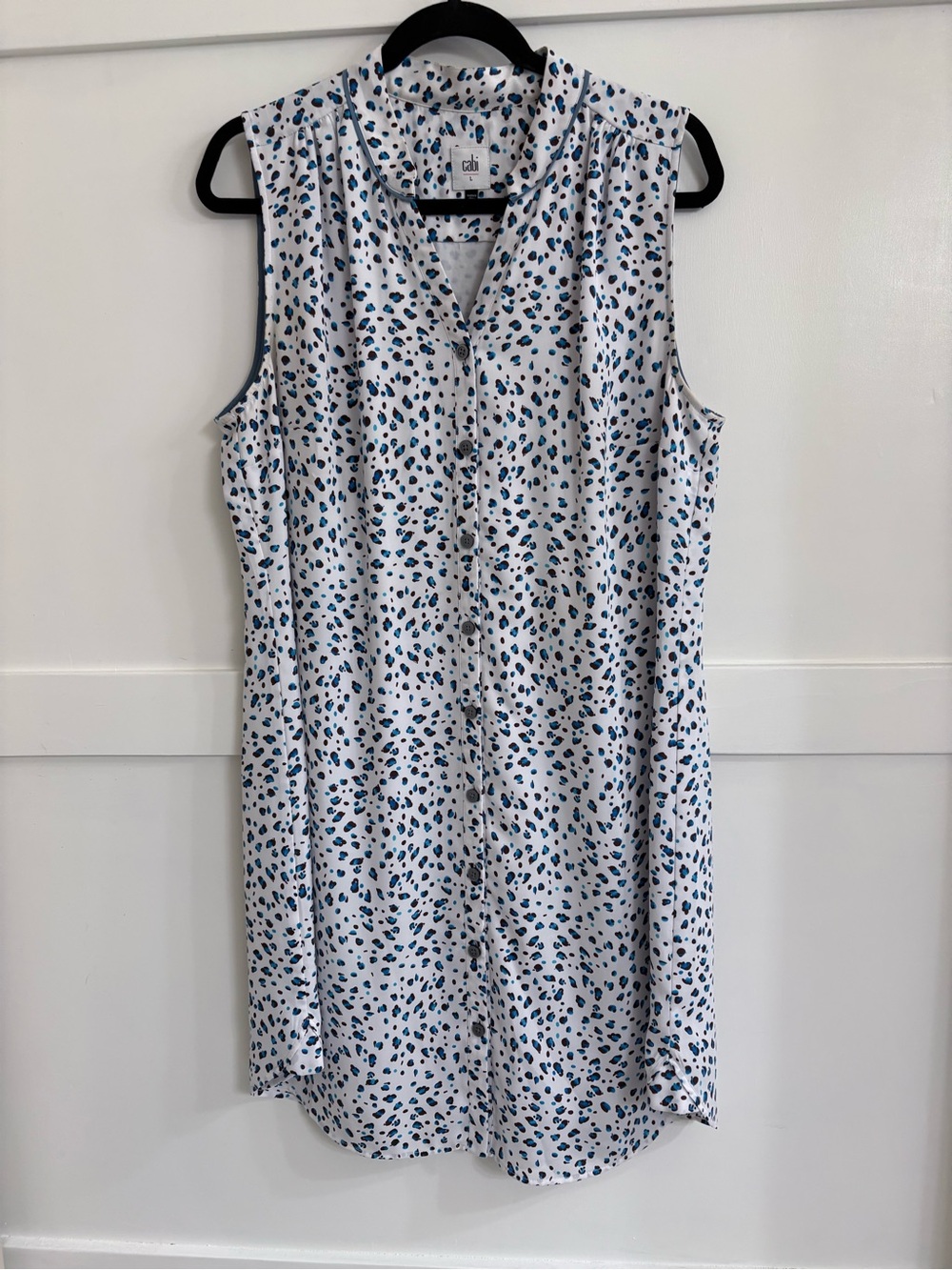 CAbi White Sleeveless Button-Front Midi Dress with Blue Spot Print